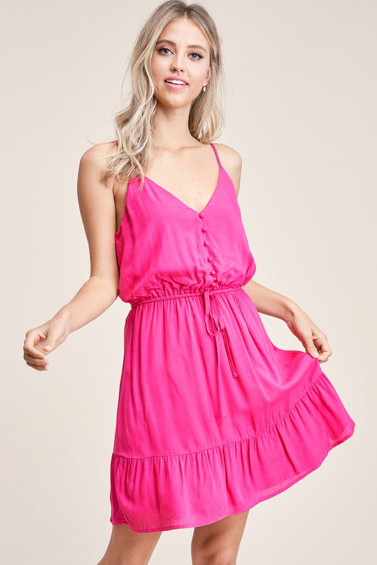 V-Neck Button Down Tiered Dress - Hot Pink *Final Sale