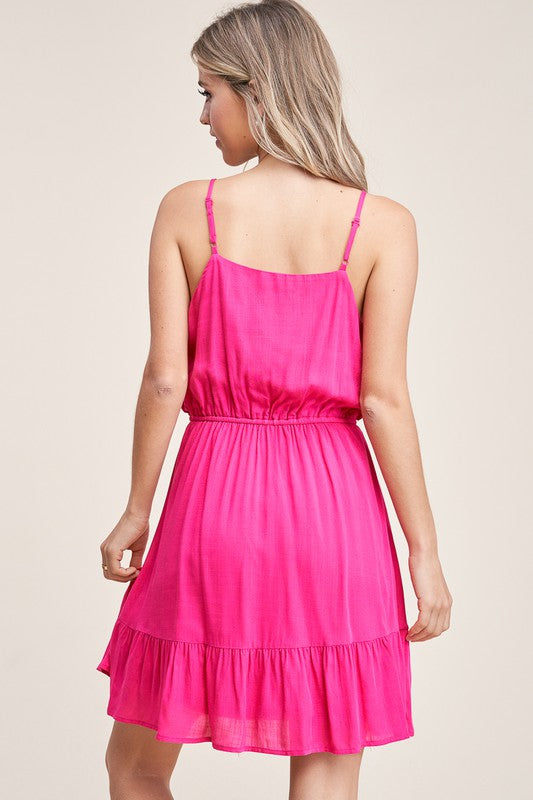V-Neck Button Down Tiered Dress - Hot Pink *Final Sale