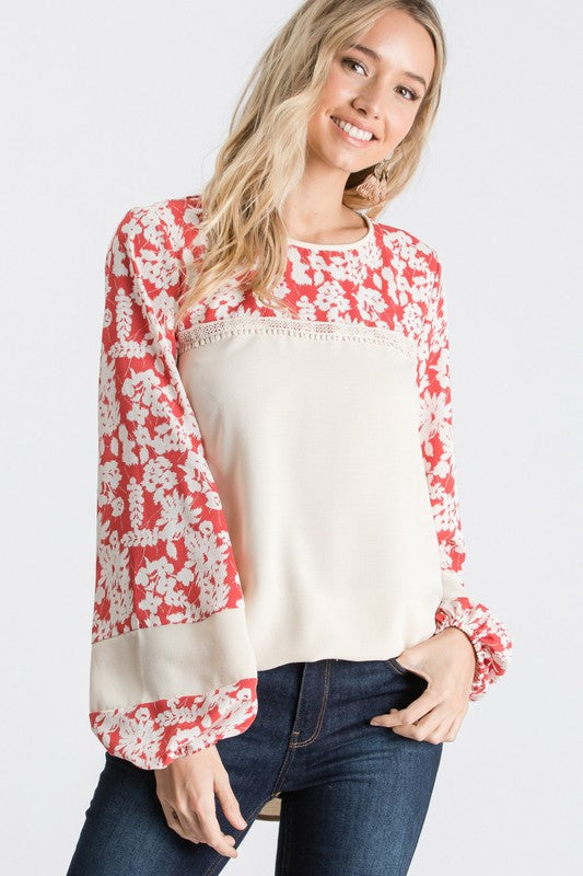 Woven Long Sleeve Top with Contrasting Print Sleeve - Taupe