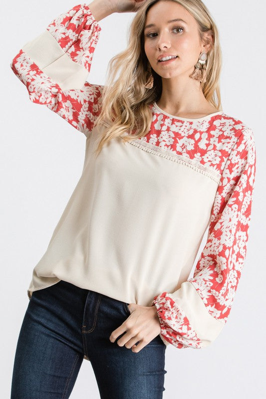 Woven Long Sleeve Top with Contrasting Print Sleeve - Taupe