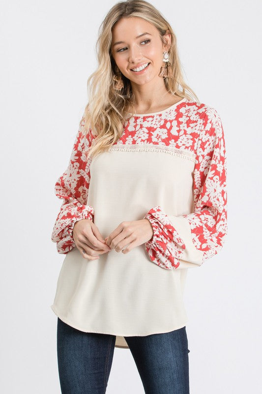 Woven Long Sleeve Top with Contrasting Print Sleeve - Taupe